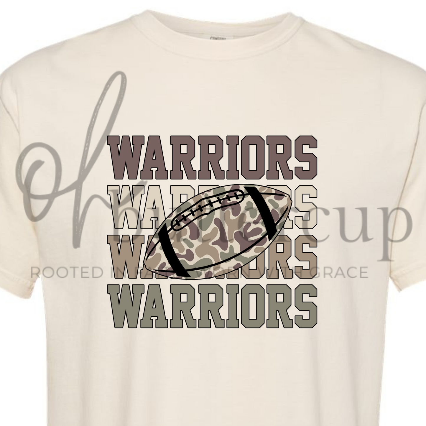 Stacked Strength – Warriors Camo Football Tee